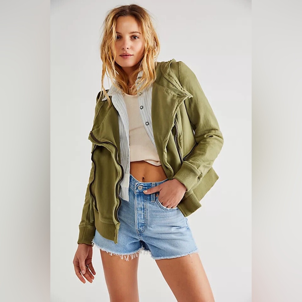 Free People Carmen Moto Hooded Jacket In Olive Sparrow XS